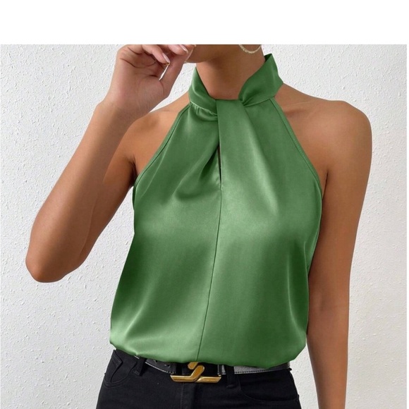 Luxe Satin Mock Neck Halter Sleeveless Top Blouse Shirt - Picture 11 of 12